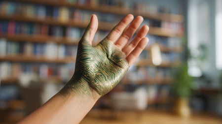 Futuristic hand with biotech modifications showcasing nanopigments indoors Generative AIの素材