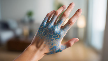 Futuristic biotech enhancement demonstrating nanopigment application on hand Generative AIの素材