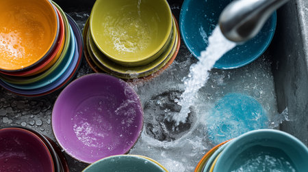 Colorful bowls are stacked in a sink while water flows over them, showcasing dishwashing activityの素材