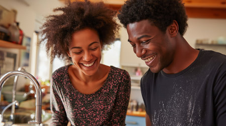 Two people happily prepare a meal together in a cozy kitchen filled with natural lightの素材