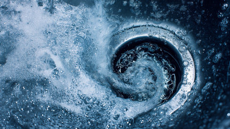 Water swirls rapidly in a kitchen sink, forming bubbles and foam as it drains awayの素材