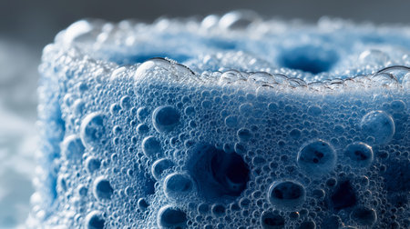 Vibrant blue soap bubbles create intricate patterns on a textured surface in daylightの素材