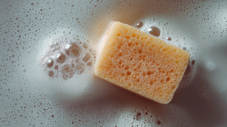 Yellow sponge immersed in soapy water with bubbles, reflecting afternoon light in the kitchenの素材