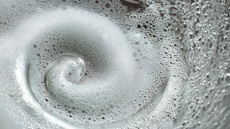Bubbles form a swirling pattern in a sink filled with soapy water during dishwashingの素材