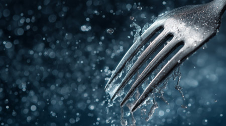 A silver fork splashes through water droplets, creating a dynamic and artistic effectの素材