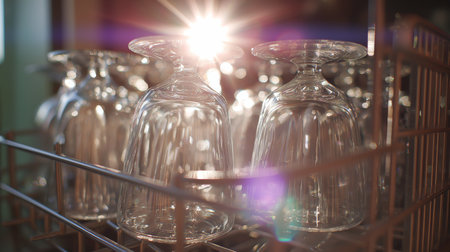 Glasses are neatly arranged in a dish rack, illuminated by warm sunlight in a cozy kitchenの素材