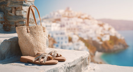 Explore relaxing vacation vibes with stylish sandals and a chic tote bag Generative AIの素材