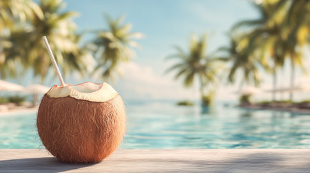 Enjoying a refreshing coconut drink by the pool on a relaxing vacation day Generative AIの素材