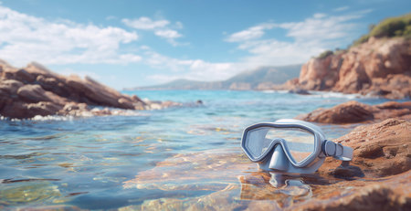 Snorkeling gear rests on the rocks at a stunning tropical beach in summer Generative AIの素材