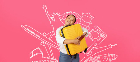 Exciting summer adventure for tourists with bright yellow luggage