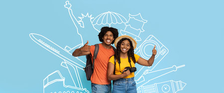 Happy travelers with cameras, planning summer adventures