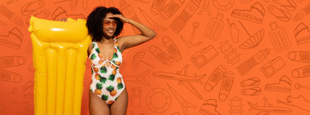 Beach summer fun with a tropical float and trendy sunglassesの写真素材