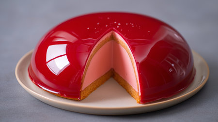 This dome cake has a shiny red exterior and soft pink interior, inviting you to taste itの素材