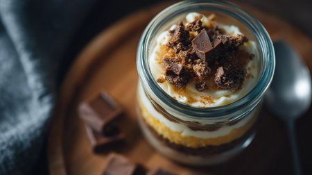 Sweet dessert features layers of cream, chocolate, and cookie crumbs in a stylish jarの素材