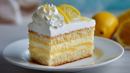A slice of moist lemon cake decorated with whipped cream and lemon slices on a plateの素材