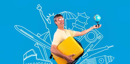 Travel with a bright yellow suitcase and globe this summerの写真素材