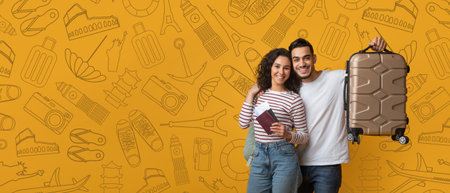 Couple excited about traveling with suitcase and passport for summer adventureの写真素材