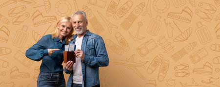 Excited travelers holding passports and tickets ready for summer vacationの写真素材