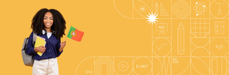 Student proudly holding Portuguese flag in a vibrant learning environmentの写真素材