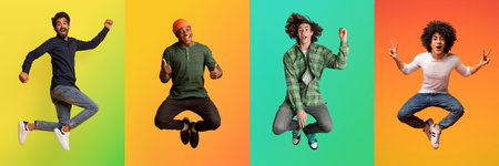Group of diverse people jumping joyfully in a colorful collage celebration