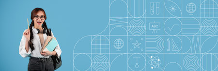 Student studying with books in a colorful educational settingの写真素材