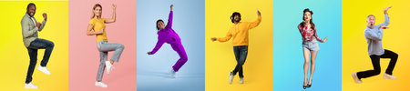 Full length collage of diverse people expressing joy in vibrant backgrounds