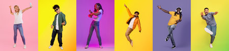 Joyful expression of diverse people dancing together in a vibrant collage