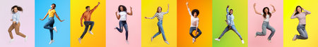 Collection of diverse people celebrating joy and movement in vibrant colorsの写真素材