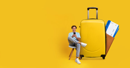 Enjoying travel planning with a smartphone and yellow luggage during vacationの写真素材