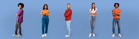 Diverse group of confident individuals against a blue backdrop