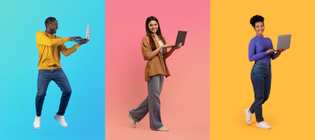 Diverse group on laptops against colorful lifestyle backgroundsの写真素材