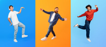 Joyful moments of diverse individuals expressing themselves in lively poses
