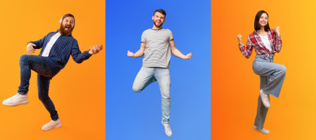 Energetic group of diverse individuals celebrating joy in cheerful settingsの写真素材