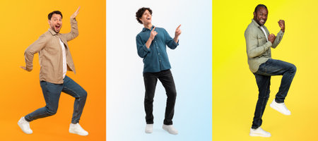 Joyful individuals in colorful settings, posing dynamicallyの写真素材