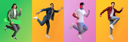 Diverse group of people enjoying dynamic moments in colorful collage