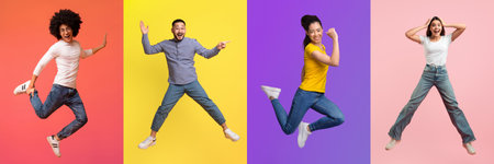 Diverse group of people celebrating energy and joy in vibrant colorsの写真素材