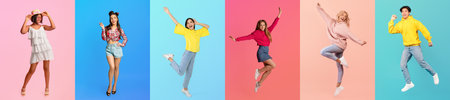 Diverse group of people enjoying playful poses in vibrant colors