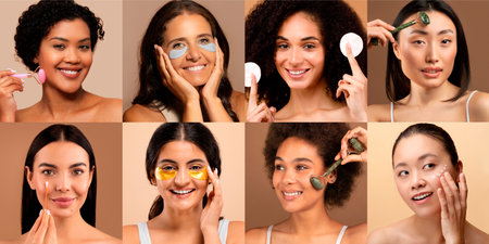 Pampering beauty routine at home with skincare techniques and productsの写真素材