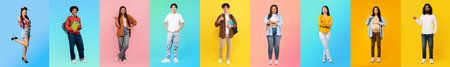 A collection of diverse individuals stands against colorful backgrounds