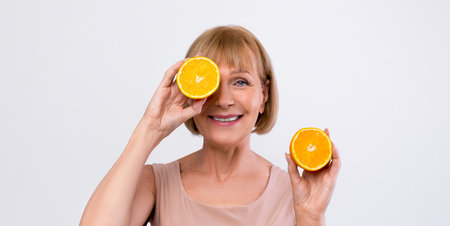 Natural fruit vitamins for mature skin. Senior woman holding fresh orange in front of her eye over light backgroundの写真素材