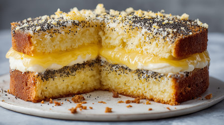 A lemon poppy seed cake with creamy layers and golden crumb offers refreshing flavorの素材