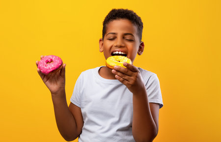 Black boy holding colorful donuts, isolated on yellow backgroundの写真素材