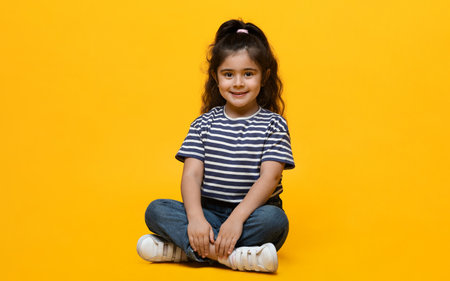 Portrait Of Adorable Little Middle Eastern Girl Posing Over Yellow Backgroundの写真素材