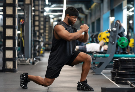 Black guy sportsman doing squats in gym