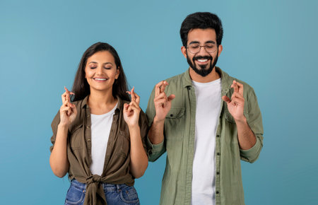 Excited millennial indian couple holding crossed fingersの写真素材
