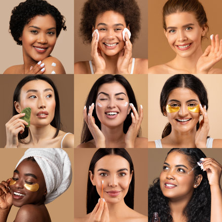 Diverse beauty routines showcasing skin care pampering at homeの写真素材