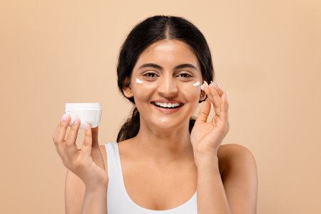 Indian Female Applying Moisturising Cream On Face While Standing Against Beige Backgroundの写真素材