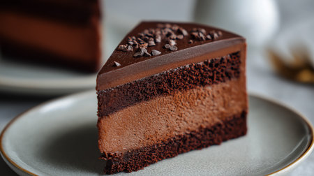 A rich chocolate cake slice with smooth layers and decorative chocolate shavings rests on a plateの素材