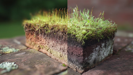 Living plants thrive on innovative biocement bricks, showcasing a blend of nature and technologyの素材