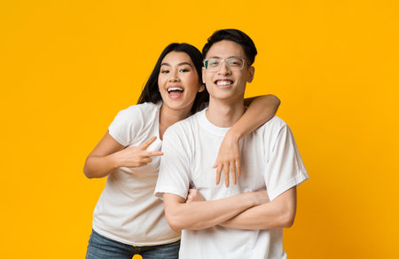 Portrait of joyful asian couple posing over yellow backgroundの写真素材